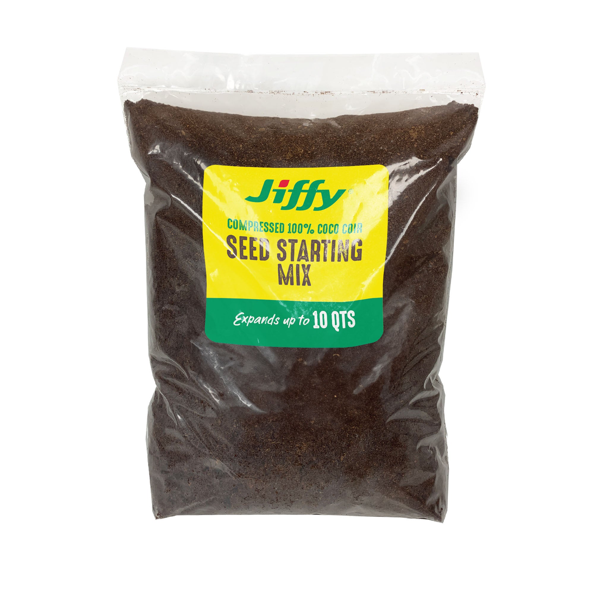 A packaged bag of Jiffy seed starting mix made from 100% coco coir soil, which is advertised as expanding up to 10 quarts.